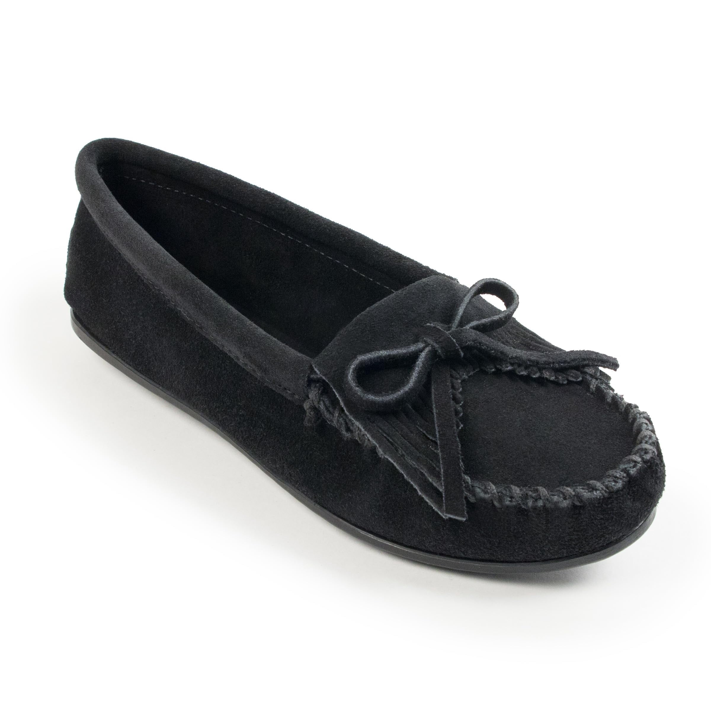 Minnetonka Women's Kilty Suede Hardsole Moccasin, Black, 8.5 W US