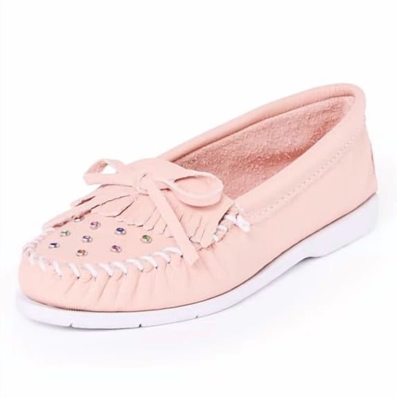 Minnetonka Women's Kilty Suede Hardsole Moccasin, 80th Blush, 9 M US