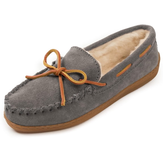 Minnetonka Women’s Hardsole Pile-Lined Moccasin Slippers, Charcoal, 10 W