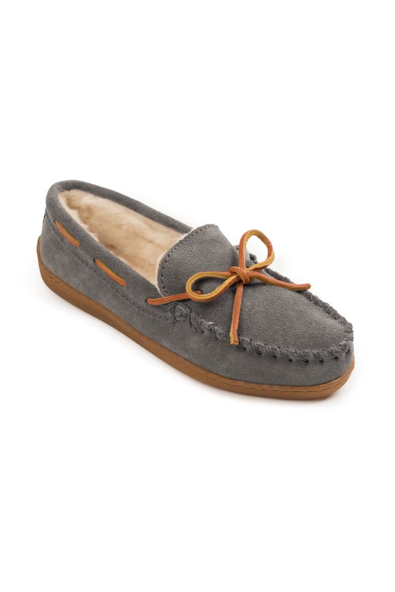 Women’s Hardsole Pile-Lined Moccasin Slippers, Charcoal, 9 M