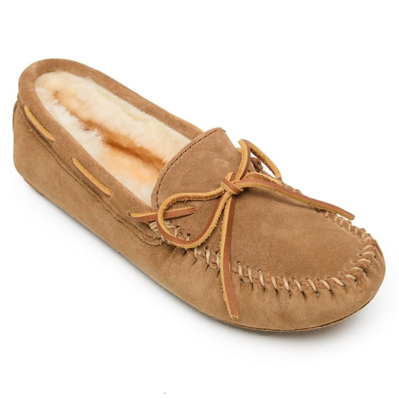Minnetonka Women's Sheepskin Soft Leather Sole Leather Sole Moccasin, Tan, 8 W