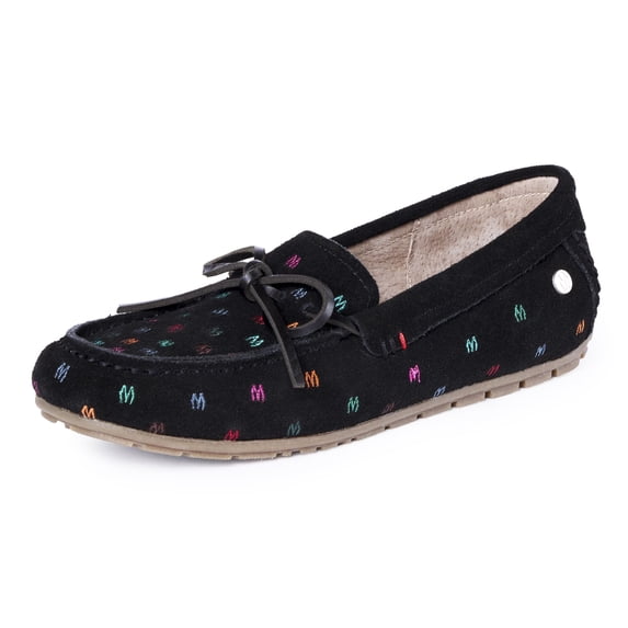Minnetonka Women's Suede Loafer Moc, Black M Embroidery Size 7.5