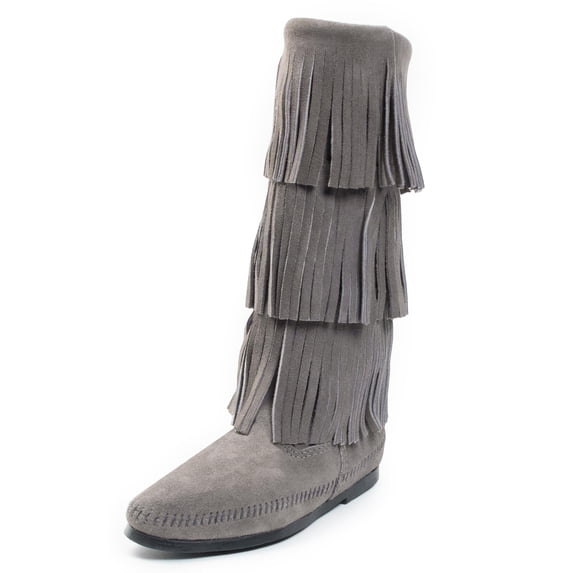 Minnetonka Women's 3-Layer Fringe Boot, Grey, Size 9