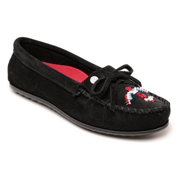 Minnetonka Women’s Thunderbird “Animikii” Hardsole – Moccasins for Women with a Classic Leather Moccasin Silhouette, Cushioned Footbed, and Beaded Moccasin Design, Black, Size 10