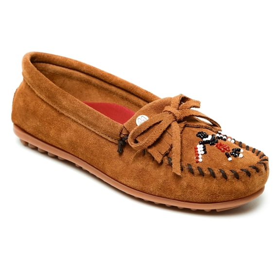 Minnetonka Women’s Thunderbird “Animikii” Hardsole – Moccasins for Women with a Classic Leather Moccasin Silhouette, Cushioned Footbed, and Beaded Moccasin Design, Brown, Size 7.5