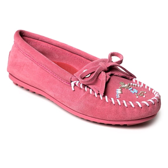 Minnetonka Women’s Thunderbird “Animikii” Hardsole – Moccasins for Women with a Classic Leather Moccasin Silhouette, Cushioned Footbed, and Beaded Moccasin Design, Pink, Size 5.5
