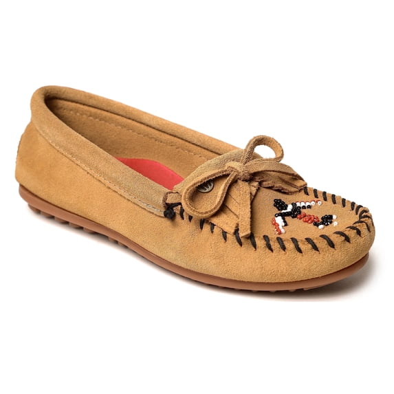Minnetonka Women’s Thunderbird “Animikii” Hardsole – Moccasins for Women with a Classic Leather Moccasin Silhouette, Cushioned Footbed, and Beaded Moccasin Design, Taupe, Size 7