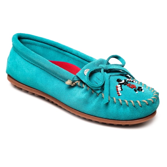 Minnetonka Women’s Thunderbird “Animikii” Hardsole – Moccasins for Women with a Classic Leather Moccasin Silhouette, Cushioned Footbed, and Beaded Moccasin Design, Turquoise, Size 9