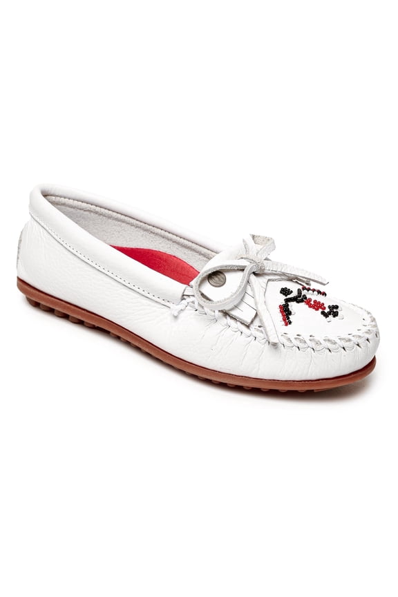 Women’s Thunderbird “Animikii” Hardsole – Moccasins for Women with a Classic Leather Moccasin Silhouette, Cushioned Footbed, and Beaded Moccasin Design, White, Size 7w