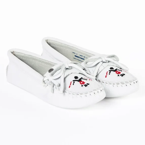 Minnetonka Women's Thunderbird Animikii Soft Leather Sole, White, Size 9.5