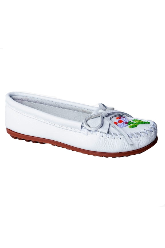 Women's Ziigwan Waabigwan Moccasin, White, M, 7.5