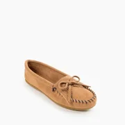 Minnetonka Womens Kilty Suede Hardsole Moccasin, Taupe, 7 M US
