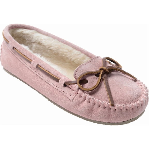 Minnetonka Womens Pink Rawhide Lace Bow Accent Comfort Cally Round Toe Slip on Leather Moccasins 6, m