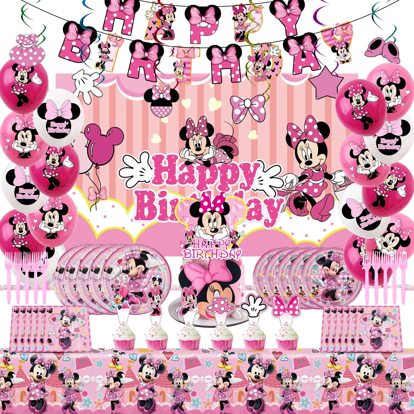 Minnie Birthday Party Supplies - Balloon Decorations, Banner, Backdrop, Cake & Cupcake Toppers, Tablecloth for Kids  99pcs