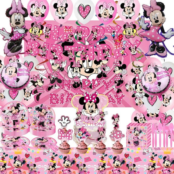 Minnie Birthday Party Supplies -Minnie Birthday Party Decorations Include Balloon Decorations, Banner, Backdrop, Plates,Napkins,Knives, Spoons and Forks,Cake & Cupcake Toppers, Tablecloth