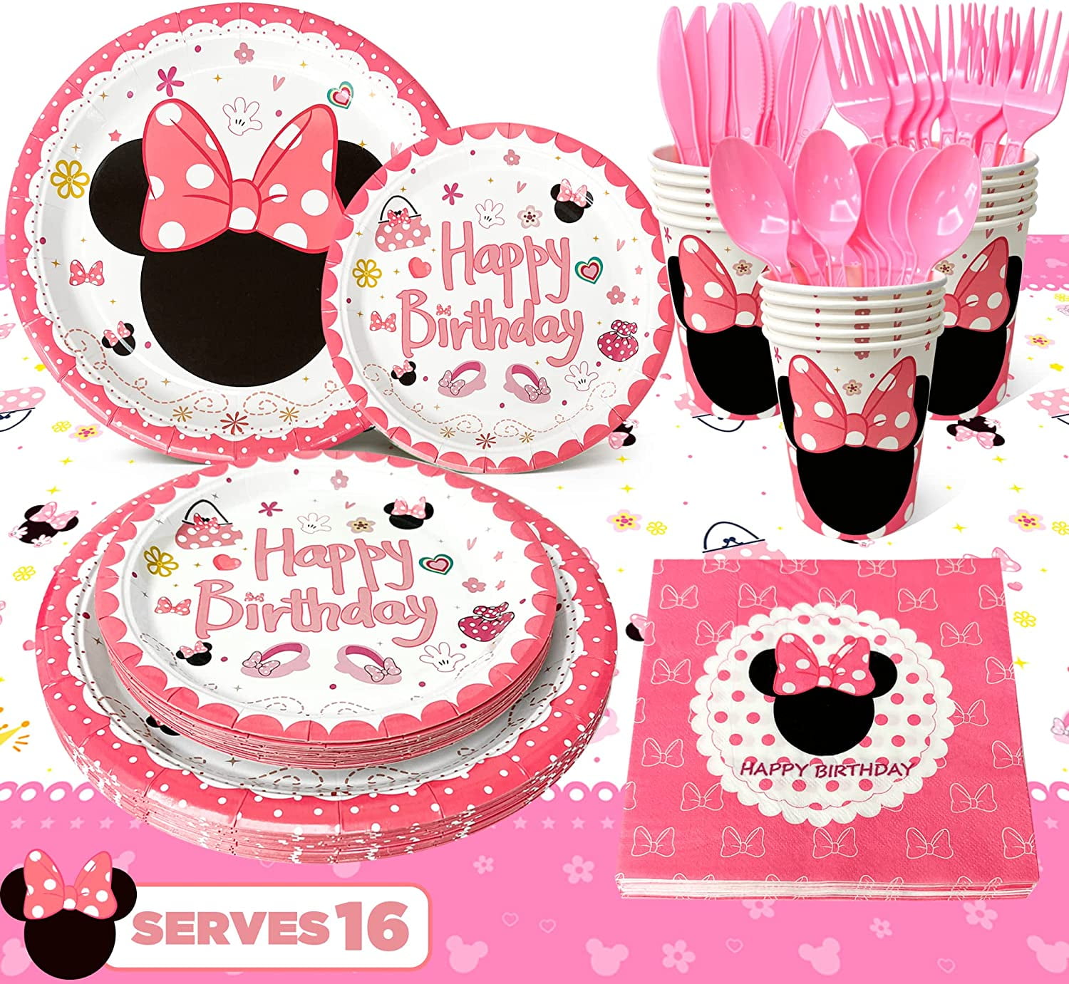 Minnie Birthday Party Supplies Tableware-113pcs Minnie Party Tableware Set Include Minnie Mouse Party Plates Cups Napkins Table Cloth Set ect Minnie Theme Party Decor, Serves 16