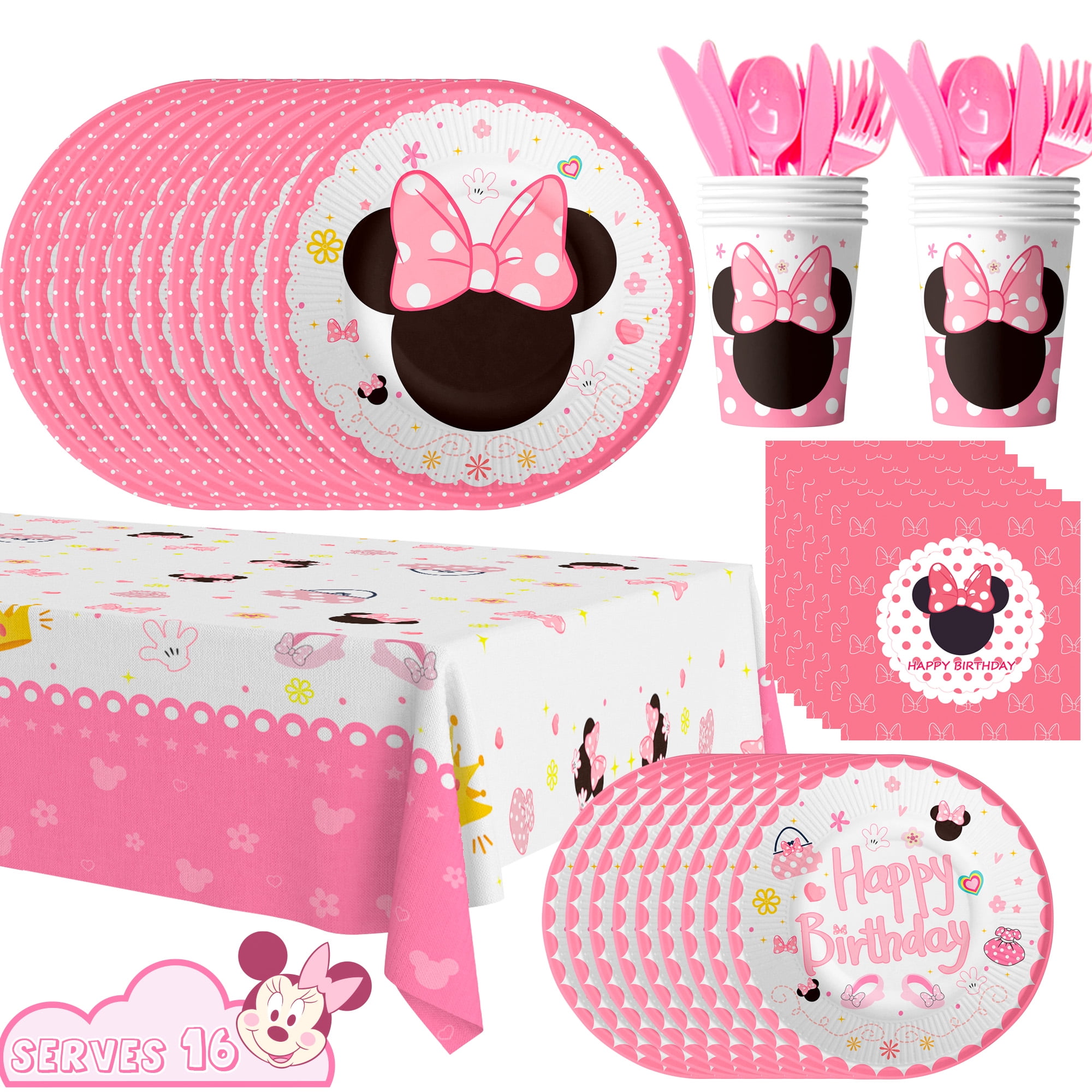 Minnie Mouse Birthday Party Supplies Pack,113pcs Pink Mouse Party Tableware Set - Minnie Mouse Birthday Plates and Cups Napkins Table Cloth etc Mouse Birthday Party Supplies for Girls