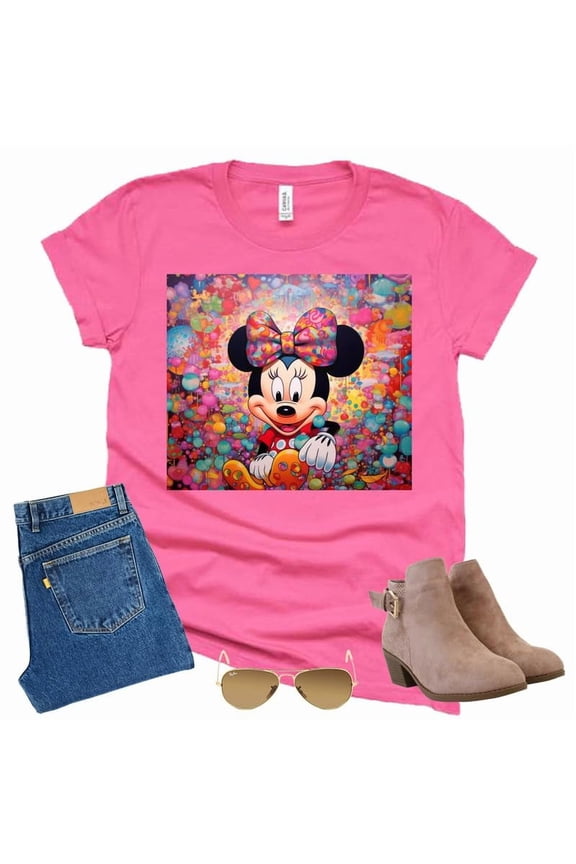Minnie Colorful Paint Drops Graphic T-Shirt (Dk Pink-Large)