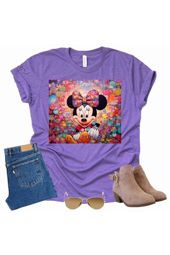 Minnie Colorful Paint Drops Graphic T-Shirt (Purple-Medium)