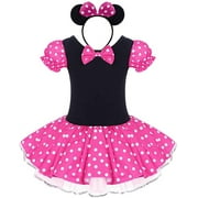 KAWELL Toddler Girls Polka Dot Tutu Dress with Ear Headband, Kids Character Inspired Costume Outfit for Halloween, Theme Park, Birthday Party, Child 2-3Y