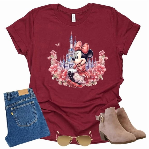 Minnie Flower Castle Graphic Causal Unisex T-Shirt (Raspberry-Large)