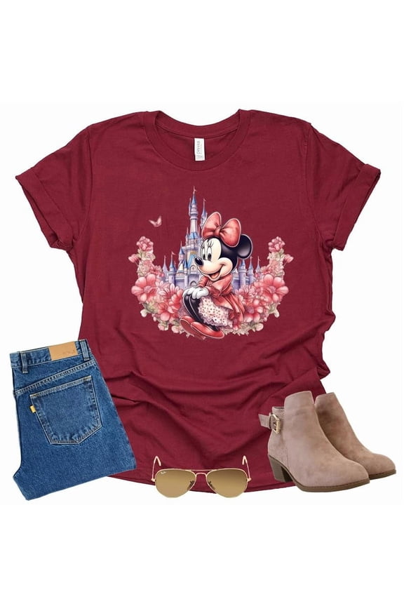 Minnie Flower Castle Graphic Causal Unisex T-Shirt (Raspberry-Medium)