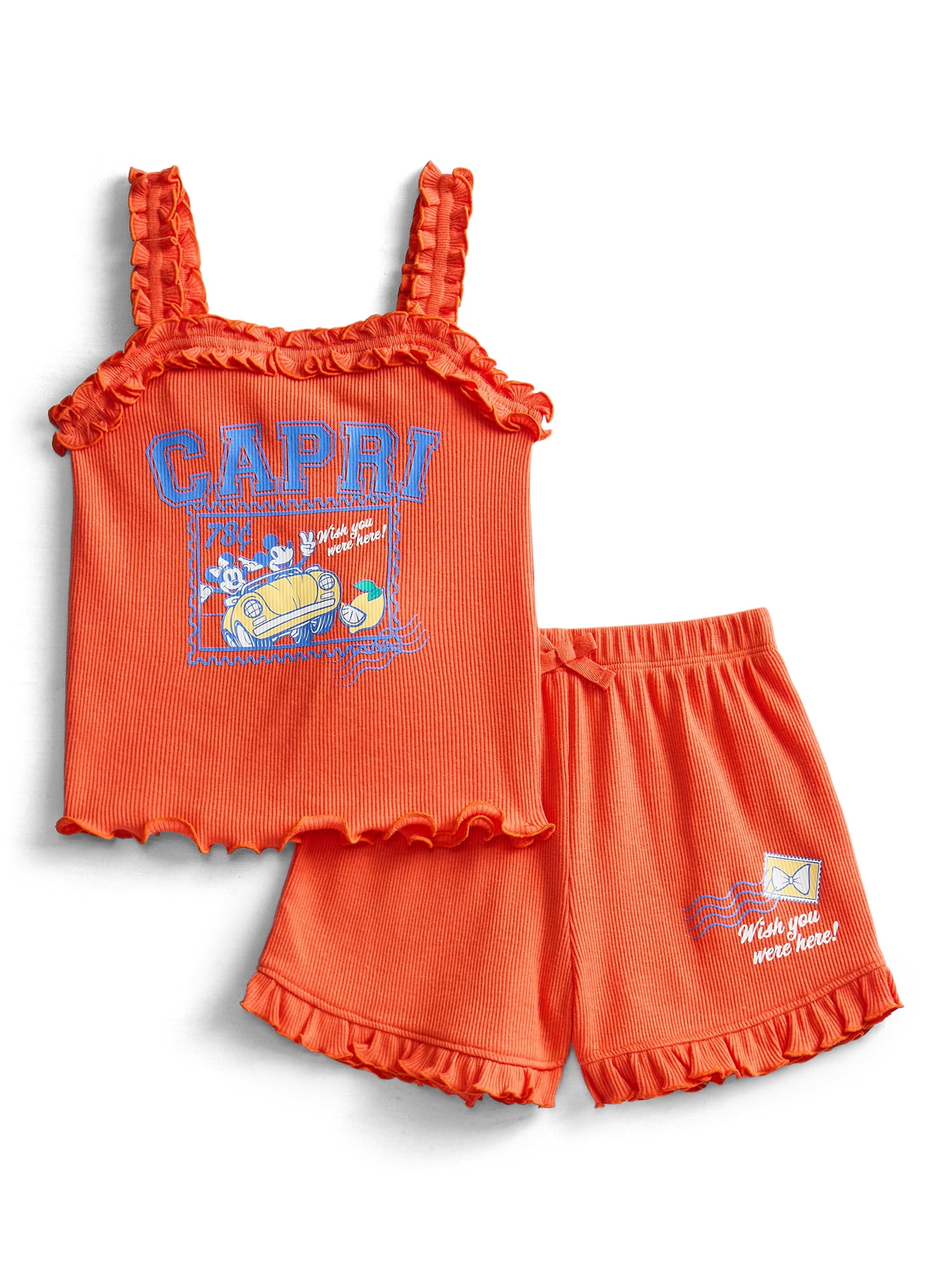Disney Minnie & Mickey Mouse Toddler Girls La Dolce Vita Graphic Tank Top with Ruffle Shorts, 2-Piece Set,