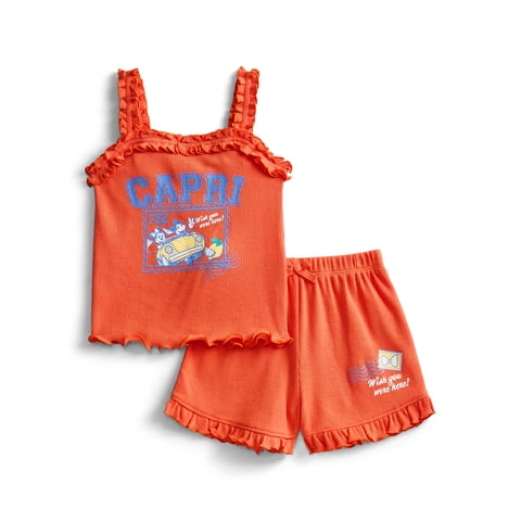 Disney Minnie & Mickey Mouse Toddler Girls La Dolce Vita Graphic Tank Top with Ruffle Shorts, 2-Piece Set, Sizes 12M-5T