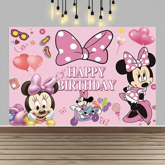 Minnie Happy Birthday Anime Cartoon Theme Backdrops Banner Birthday Party Decor Supplies(5x3ft)