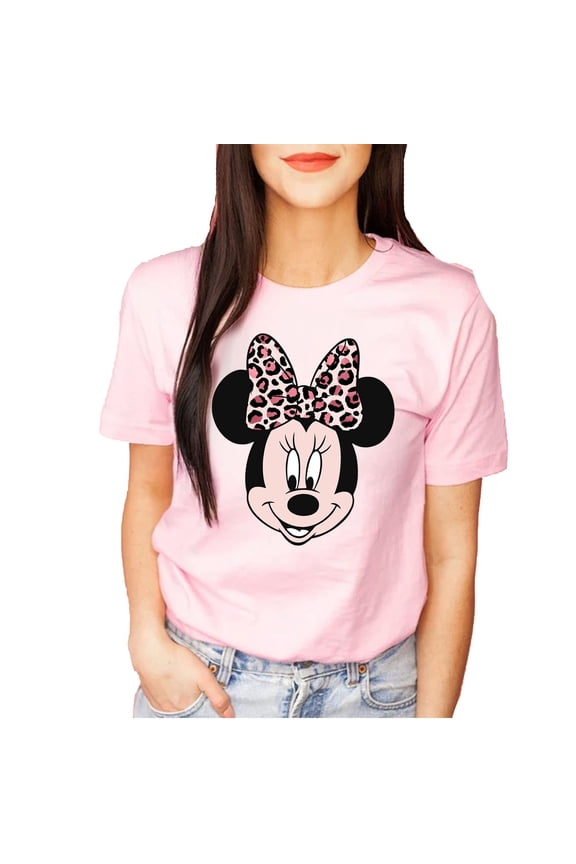 Minnie Leopard Print Bow Portrait, Animal Kingdom Shirt, Safari Shirt Casual Short Sleeve Shirt (Small, Light Pink)