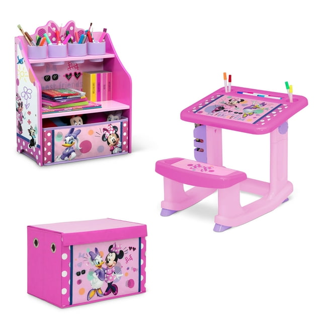 Minnie Mouse 3-Piece Art & Play Toddler Room-in-a-Box by Delta Children – Includes Draw & Play Desk, Art & Storage Station & Fabric Toy Box, Pink