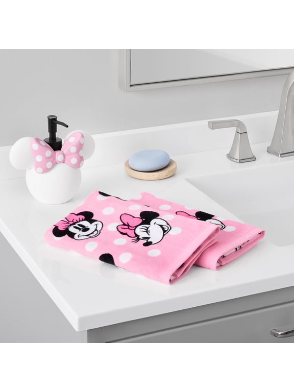 Minnie Mouse 3-Piece Bath Set, 2pk Hand Towel & Sculpted 5.5" Lotion Pump, Cotton, Poly-Resin, White, Disney