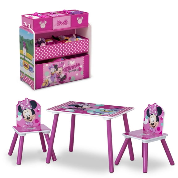 Minnie Mouse 4-Piece Wood Toddler Playroom Set Includes Table, 2 Chairs & Toy Bin, Pink