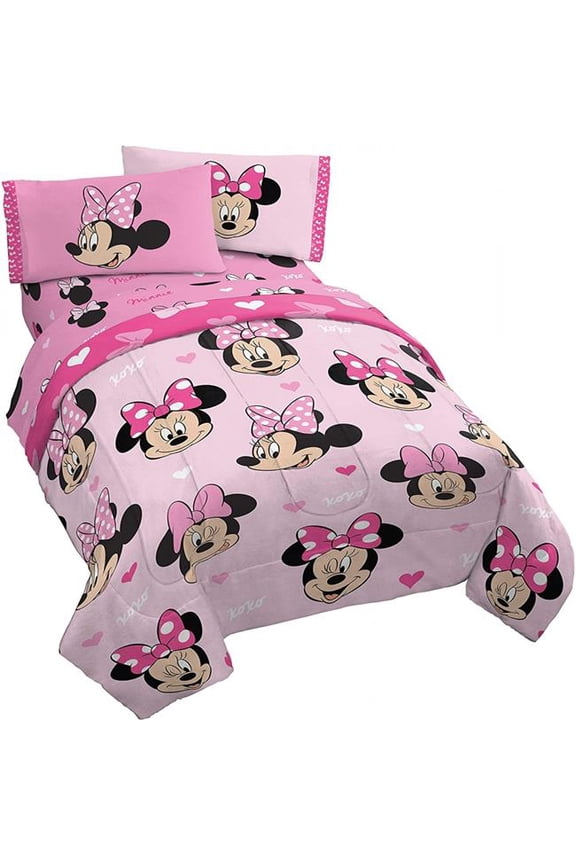 817763 Disney Character All Over Reversible Twin Bed Set, Pink & White - 4 Piece