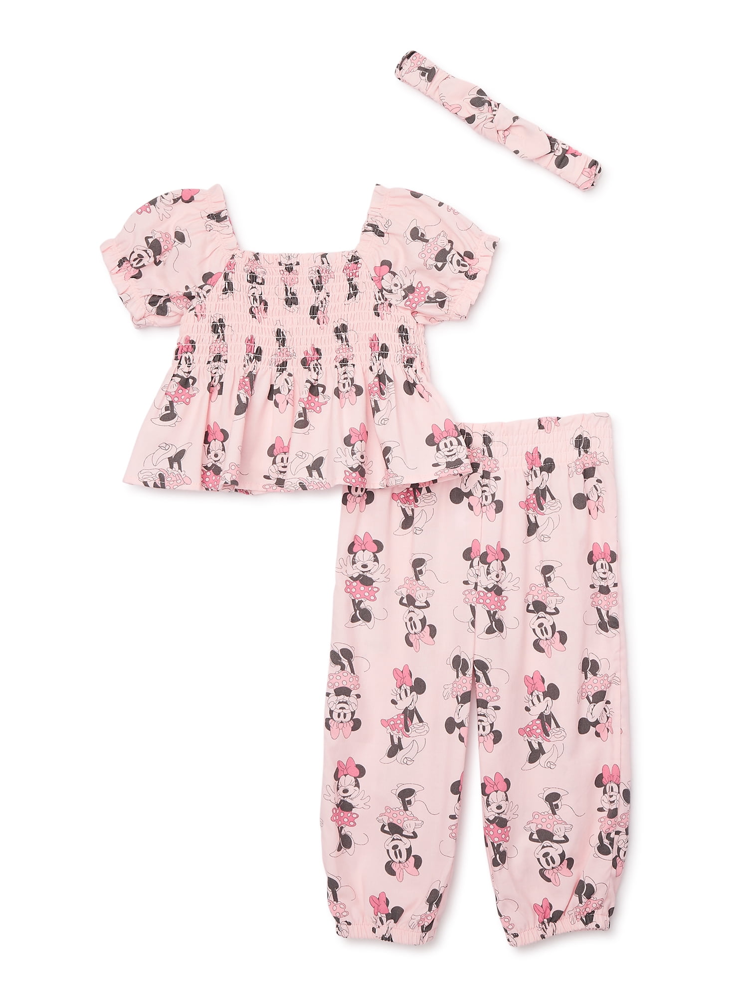 Minnie Mouse Baby Girl Smocked Top and Pants Outfit Set with Headband, Sizes 0/3 Months-24 Months