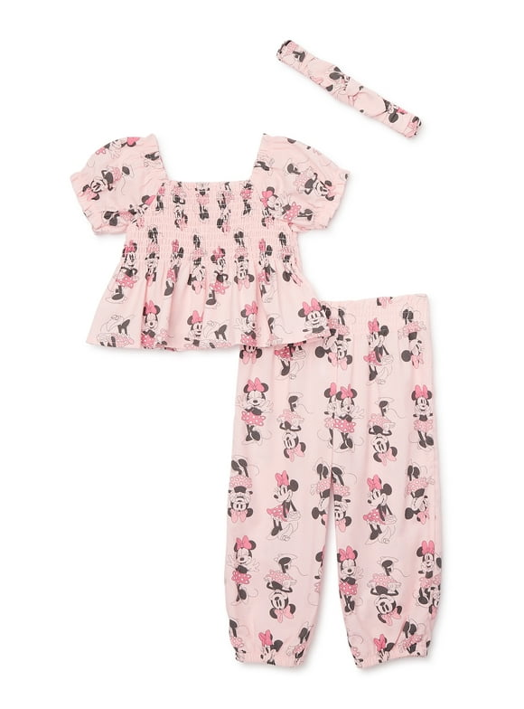 Minnie Mouse Baby Girl Smocked Top and Pants Outfit Set with Headband, Sizes 0/3 Months-24 Months