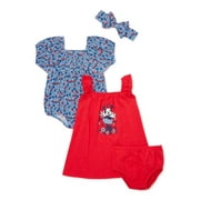 Minnie Mouse Baby Girl Sundress, Romper and Diaper Cover Outfit Set with Headband, Sizes 0/3M-24M