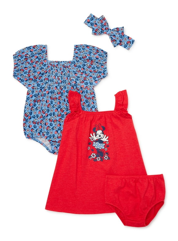 Minnie Mouse Baby Girl Sundress, Romper and Diaper Cover Outfit Set with Headband, Sizes 0/3M-24M