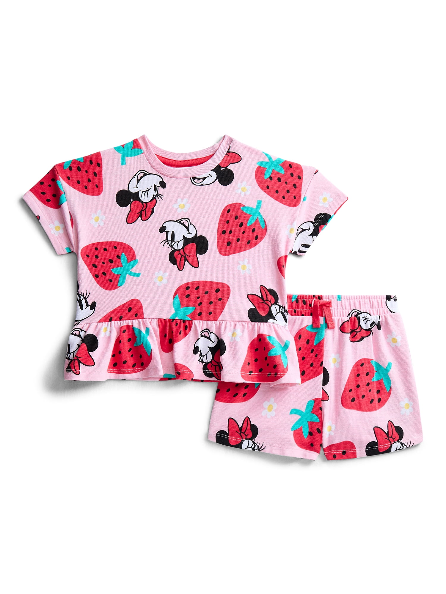 Minnie Mouse Baby Girls' Allover Print Short Sleeve Tee and Matching Shorts Set, 2-Piece, 0/2M-6/9M