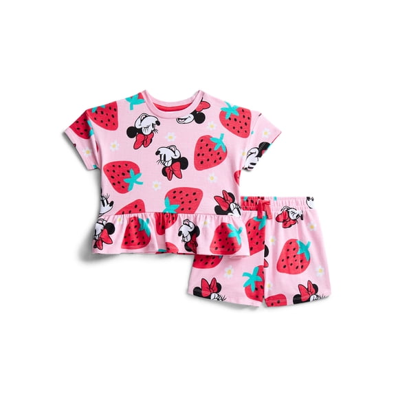 Minnie Mouse Baby Girls' Allover Print Short Sleeve Tee and Matching Shorts Set, 2-Piece, 0/2M-6/9M