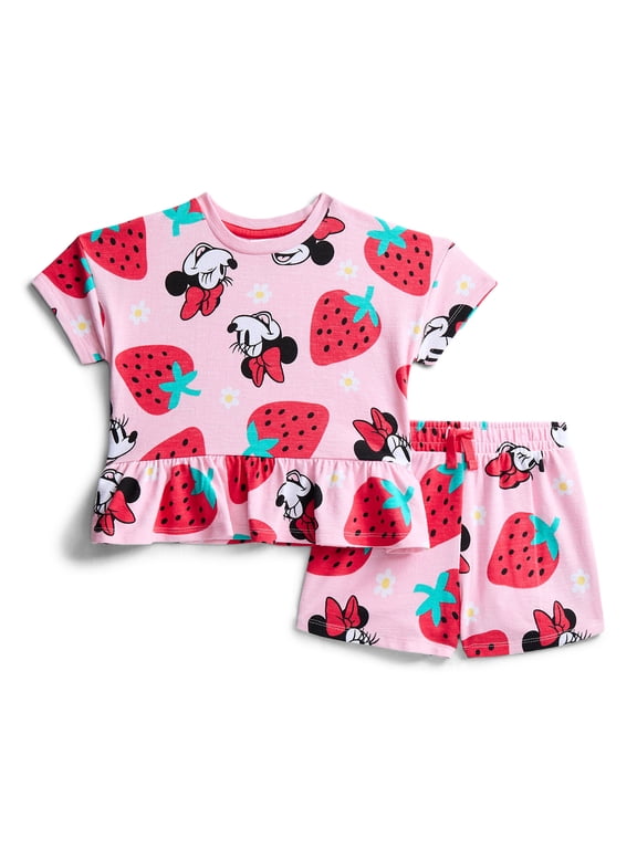 Minnie Mouse Baby Girls' Allover Print Short Sleeve Tee and Matching Shorts Set, 2-Piece, 0/2M-6/9M