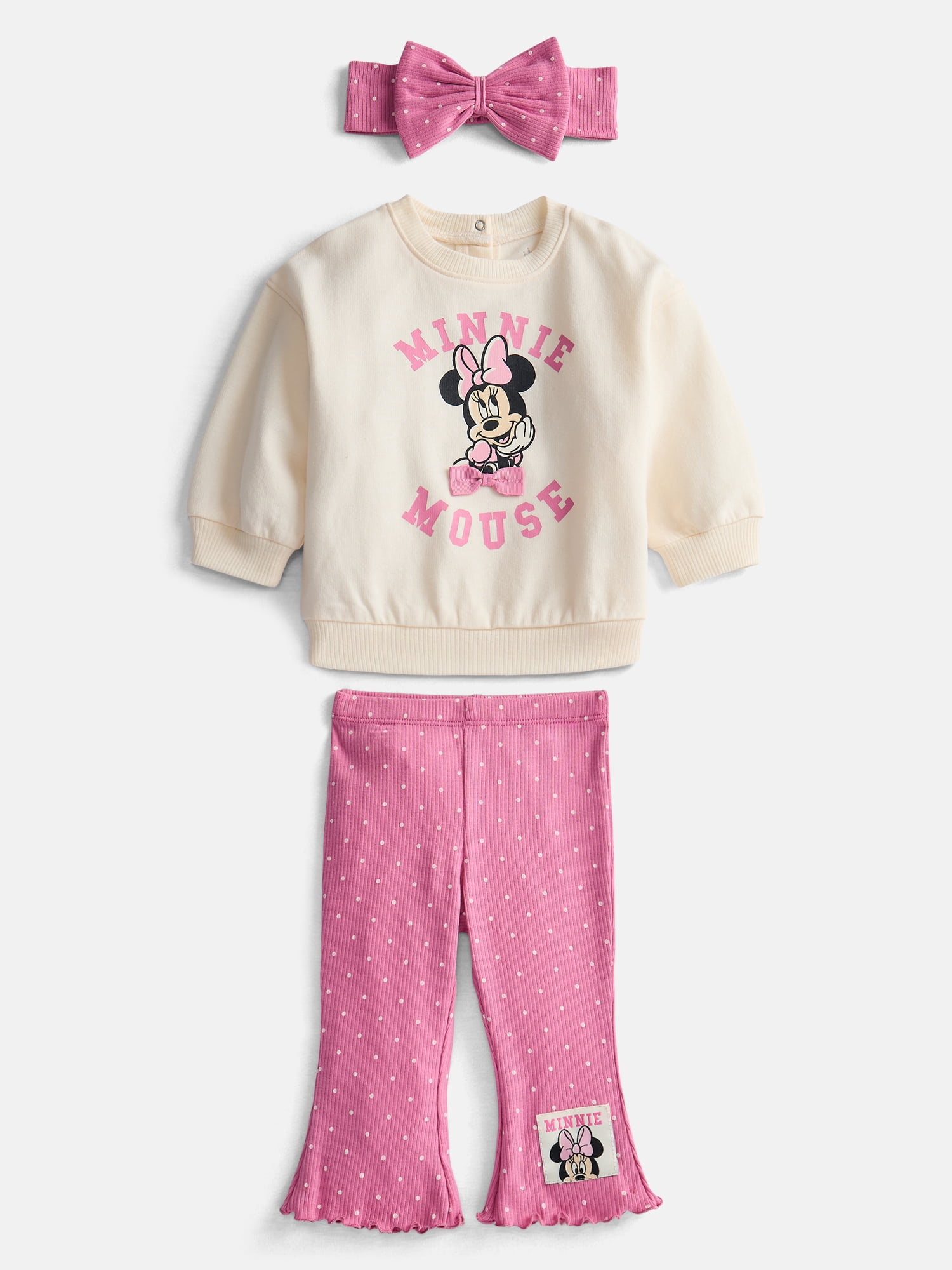 Minnie Mouse Baby Girl’s Crewneck Sweatshirt, Leggings and Headband Set, 3 Piece, Sizes 0/3M-24M