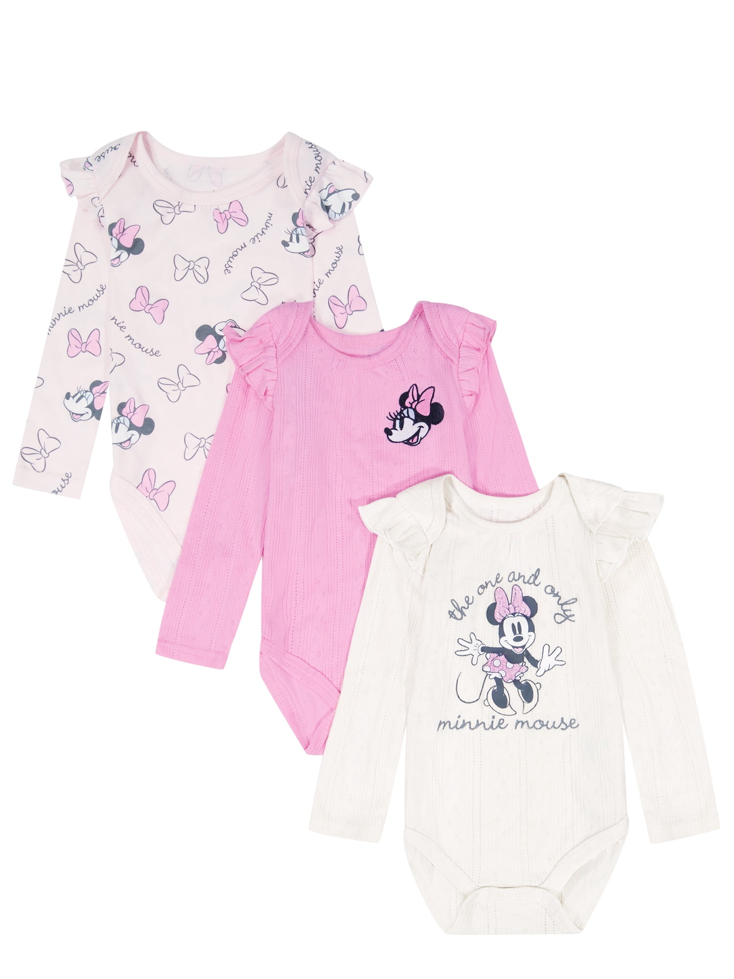 Minnie Mouse Baby Girls 3 Pack Long Sleeve Bodysuit, Size 0-24 Months