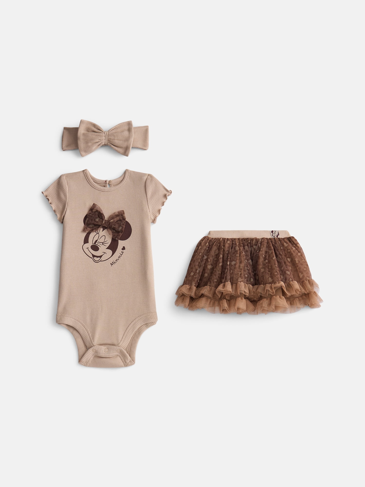 Minnie Mouse Baby Girls Bodysuit & Skirt Set with Bow Headband, 3-Piece, 0/3M-24M
