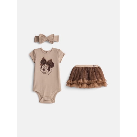 Minnie Mouse Baby Girls Bodysuit & Skirt Set with Bow Headband, 3-Piece, 0/3M-24M
