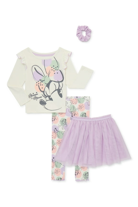 Baby and Toddler Girls Long Sleeve Top, Skirt Leggings and Scrunchie, 4 Piece Outfit Set, Sizes 12M-5T