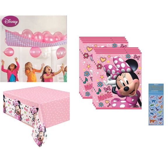 Minnie Mouse Birthday Party Supplies Bundle includes 1 Balloon Drop, 1 Plastic Table Cover, 8 Loot Bags and 1 Dinosaur Sticker Sheet