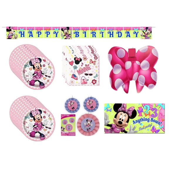 Minnie Mouse Birthday Party Supplies Bundle includes 16 Plates 7", 16 Napkins 5", 1 Banner, 3 Hanging Fans, 1 Hanging Centerpiece,1 Backdrop