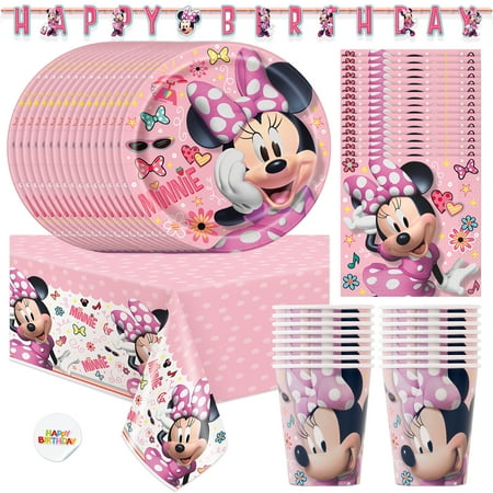 Minnie Mouse Birthday Party Supplies | Minnie Mouse Birthday Decorations | Minnie Mouse Plates and Napkins, Cups, Tablecloth, & Happy Birthday Banner| Serves 16