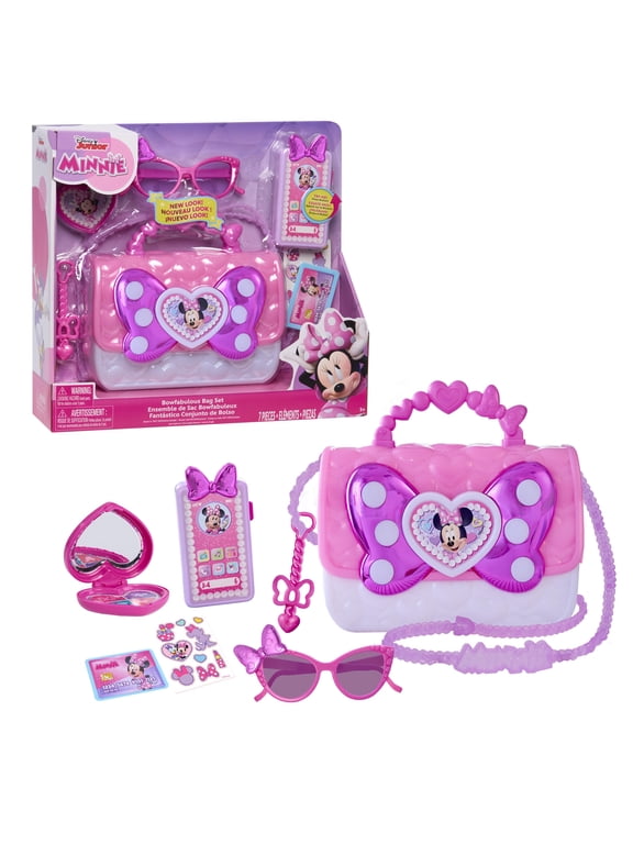 Disney Junior Minnie Mouse Bowfabulous Bag Set, 7-piece Dress Up and Pretend Play Toy Purse, Kids Toys for Ages 3 Up